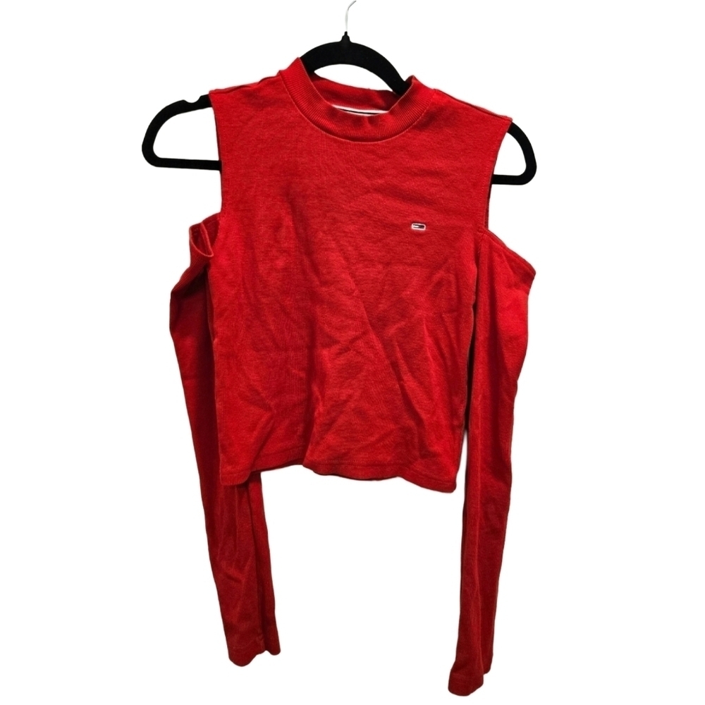 ✨2/$25 Tommy Hilfiger~Tommy Jeans~Cold Shoulder~Red Longsleeve~Ribbed Top~Small - Picture 2 of 5